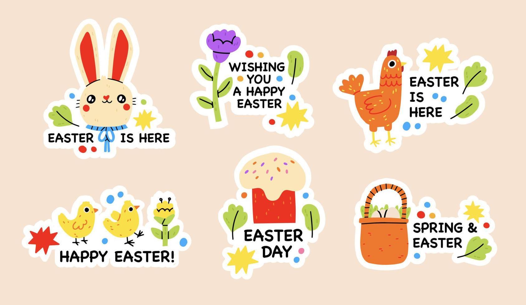 Easter spring doodle elements. Rabbit, flowers and chickens, cute easter theme symbols. Holiday easter icons cartoon illustration stickers with calligraphy text. Easter greeting cars. Hand draw child vector