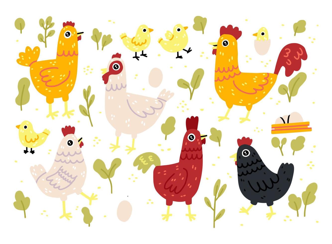 Chicken vector cartoon chick character hen and rooster. Vector set of cute birds on white background. Chicken family made in simple doodle naive cartoon style.