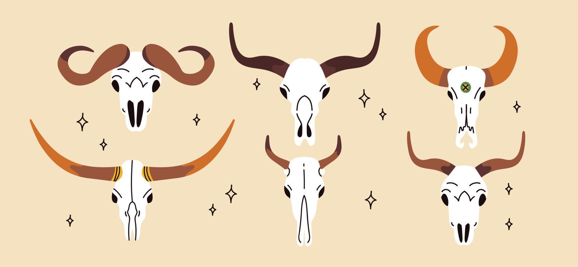 Set of animal skulls in hand draw style. Front views of engraving scary skeletons of cow, buffalo, deer. Vector illustration isolated on white background. Wild West atmosphere