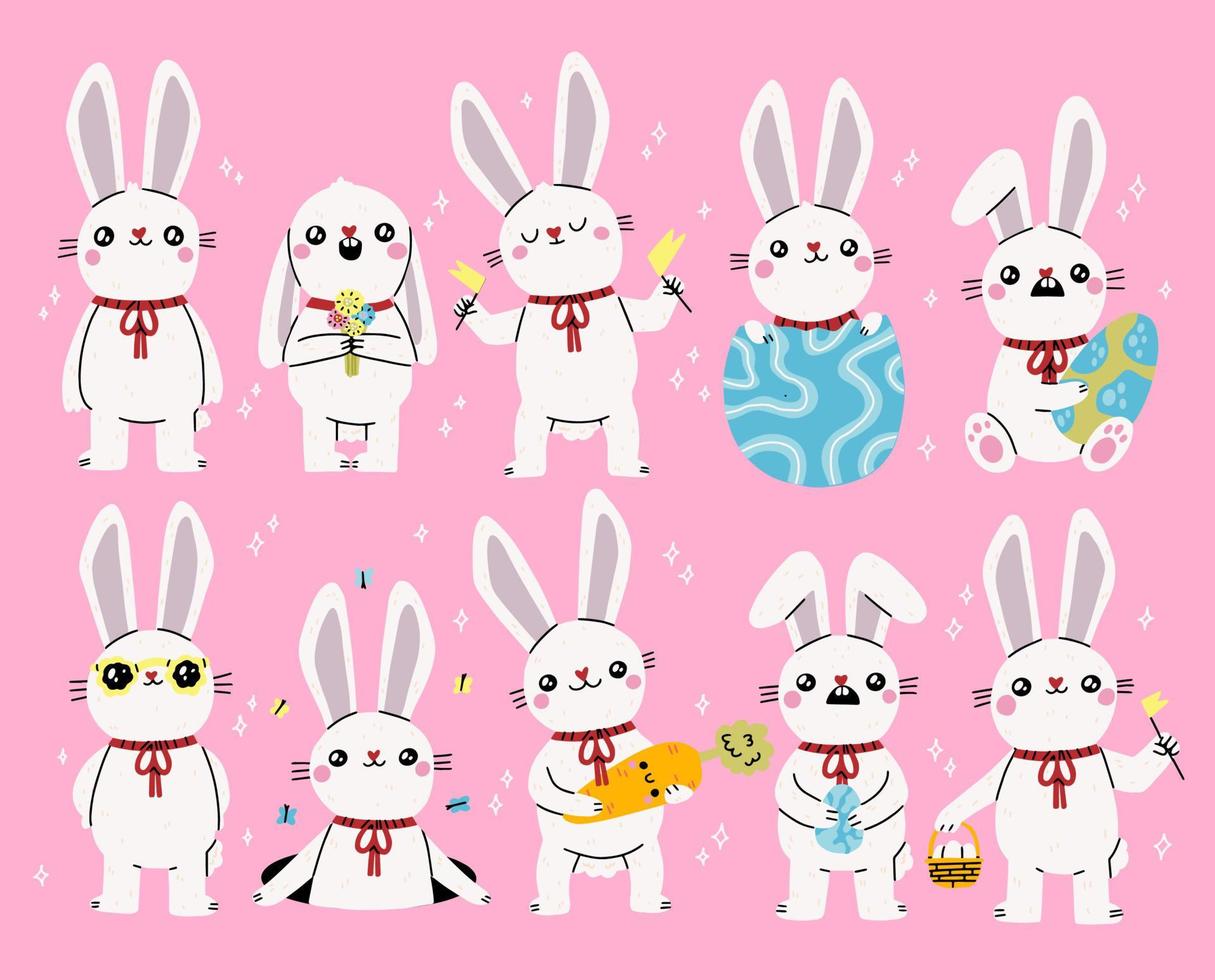 Easter bunny. Modern egg, bunnies for kids standing with egg. Rabbit or hare, spring festive animal with flower and chick. Cartoon holiday decent vector character. Rabbit character set.