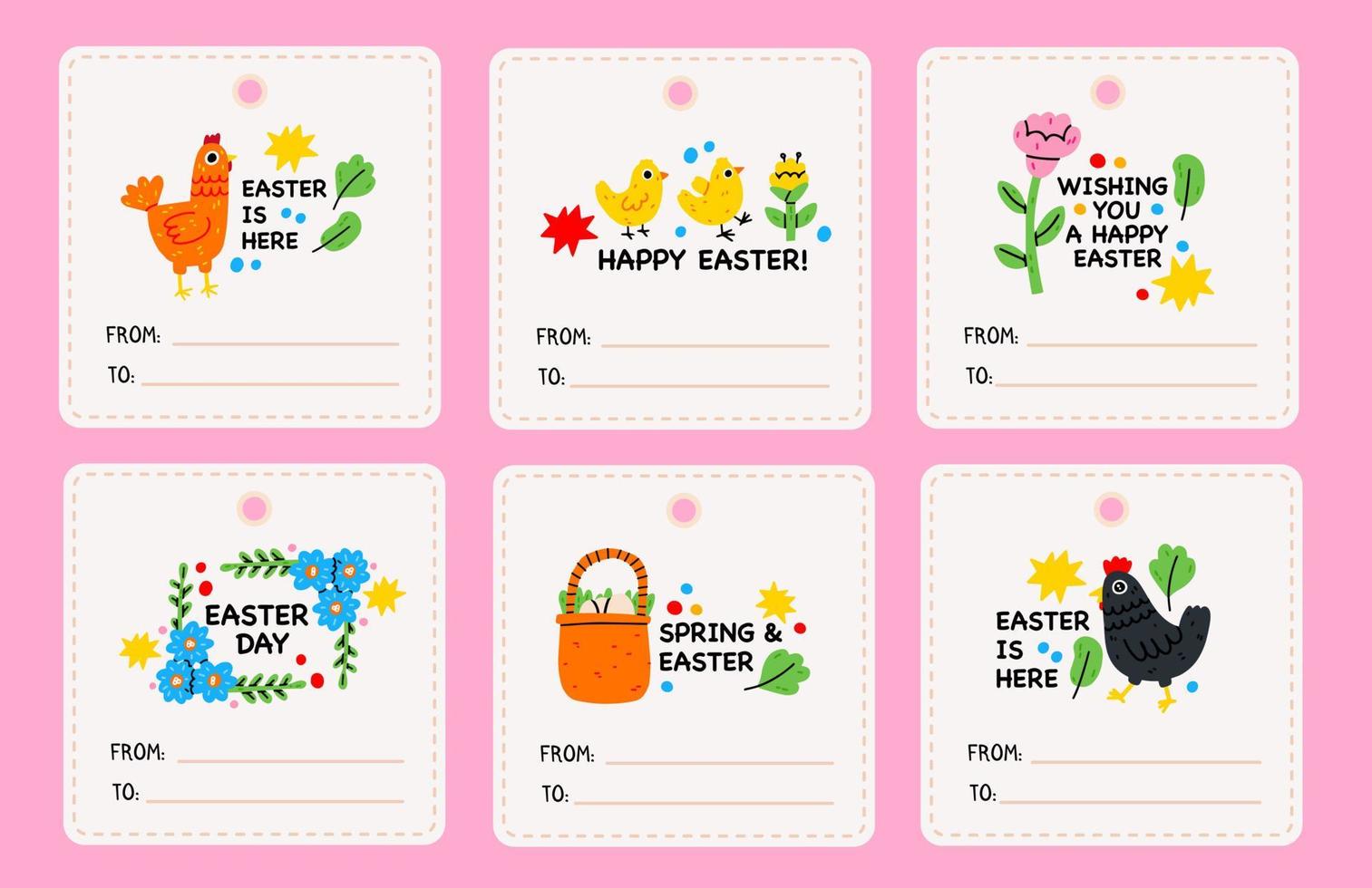 Set of Easter gift tags and labels with cartoon characters and type design.Easter tag collection with colorful bunnies. Banner templates. Happy Easter. Label with flower, watering can, easter cake vector