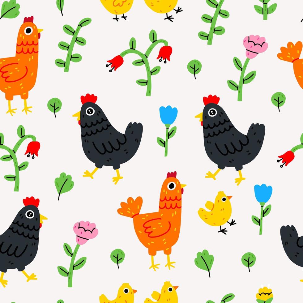 Seamless pattern with cute cartoon chicken and flowers for fabric print, textile, gift wrapping paper. colorful vector for textile, flat style.Springtime vector illustration in trendy hand-drawn style