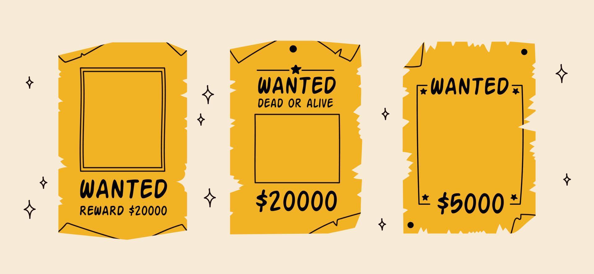 Wanted posters . Wild west outlaw gangster. Western reward flyer. Vector illustration. Old wanted placard poster template, with inscription, money cash reward as in western movies