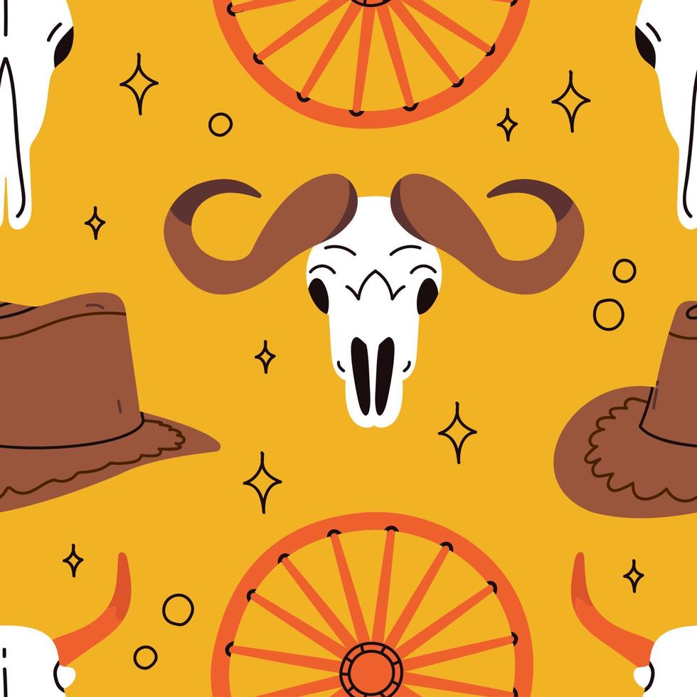 Set of cowgirl western patterns with various cartoon objects in pastel colors. Skull, hats, wooden wheel. Cowboy western, wild west concept. Different ornaments. Hand drawn Vector