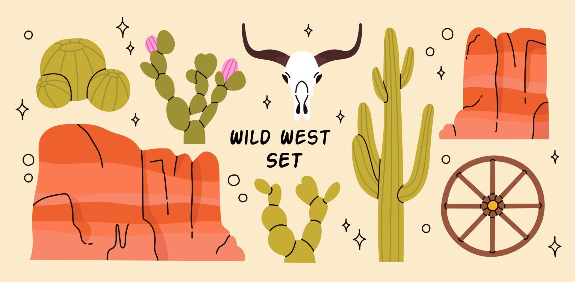 Cowboy western theme, wild west concept in violet and pink. . Various objects. Cactus, skull, mountains, wooden wheel. Hand drawn colorful vector set. Elements are insolated