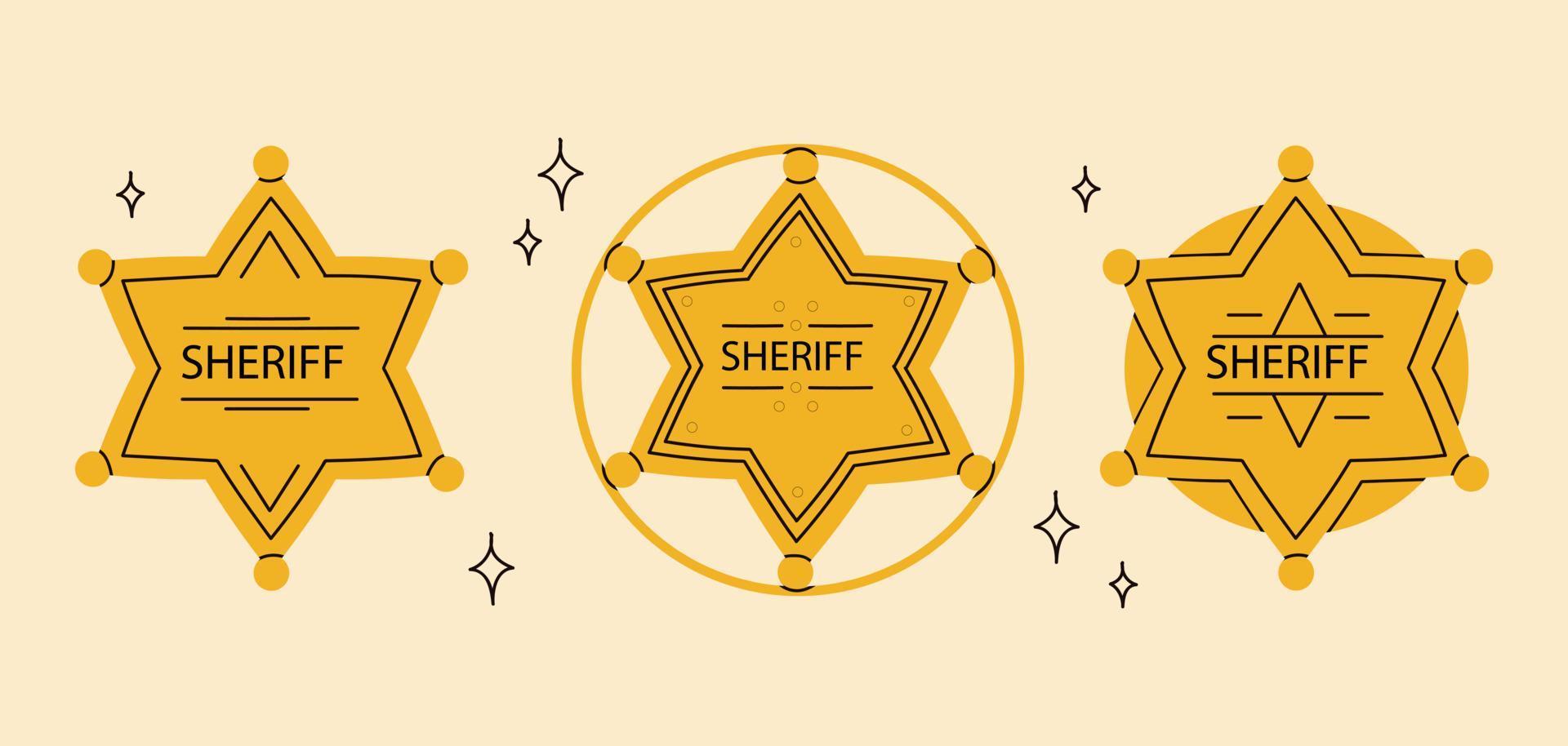 Golden hexagon star icons, sheriff badge symbols.Cartoon hand drawn badges, vector illustration isolated on white background. Wild west.