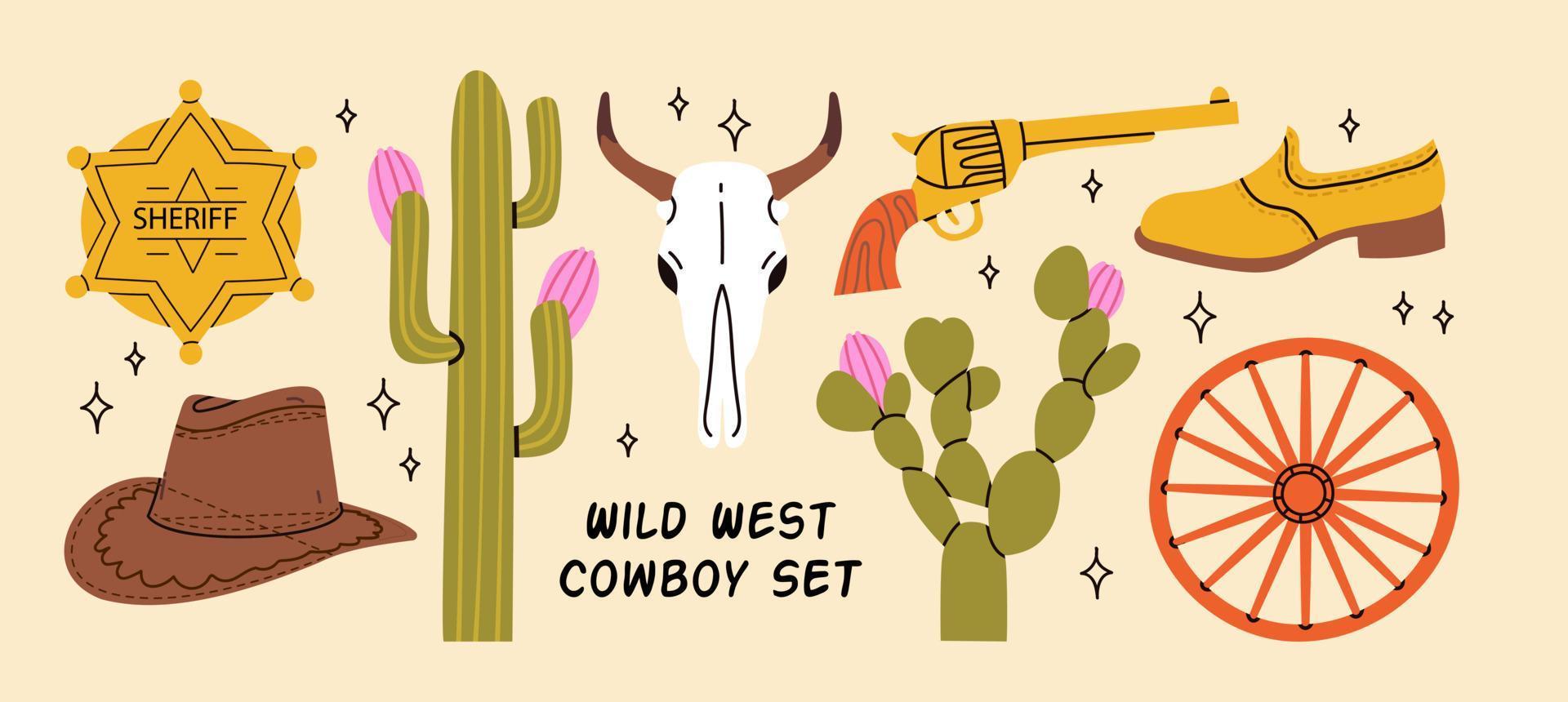 Cowboy western theme, wild west concept. Various objects. Boots, cactus, skull, gun, cowboy hat, horseshoe, sheriff badge star. Hand drawn colorful vector set. Elements are isolated