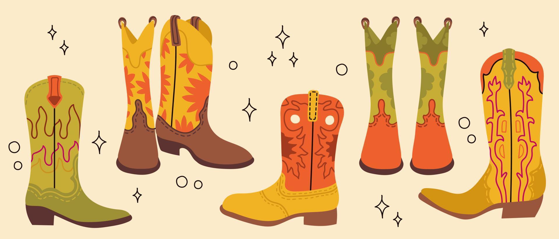 Cowboy western theme wild west concept. Various cowboy boots. Wild West Clipart icons. Hand drawn colored Vector set. All elements are isolated.Hand drawn colored flat vector illustration.