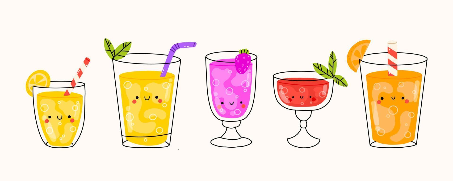 Soda water, lemonades in glass and plastic bottles. Non alcoholic cocktails. Non-alcoholic cocktail drink in glass, vector illustration of glass cocktail drink.Cold drinks set.Alcoholic fruit beverage