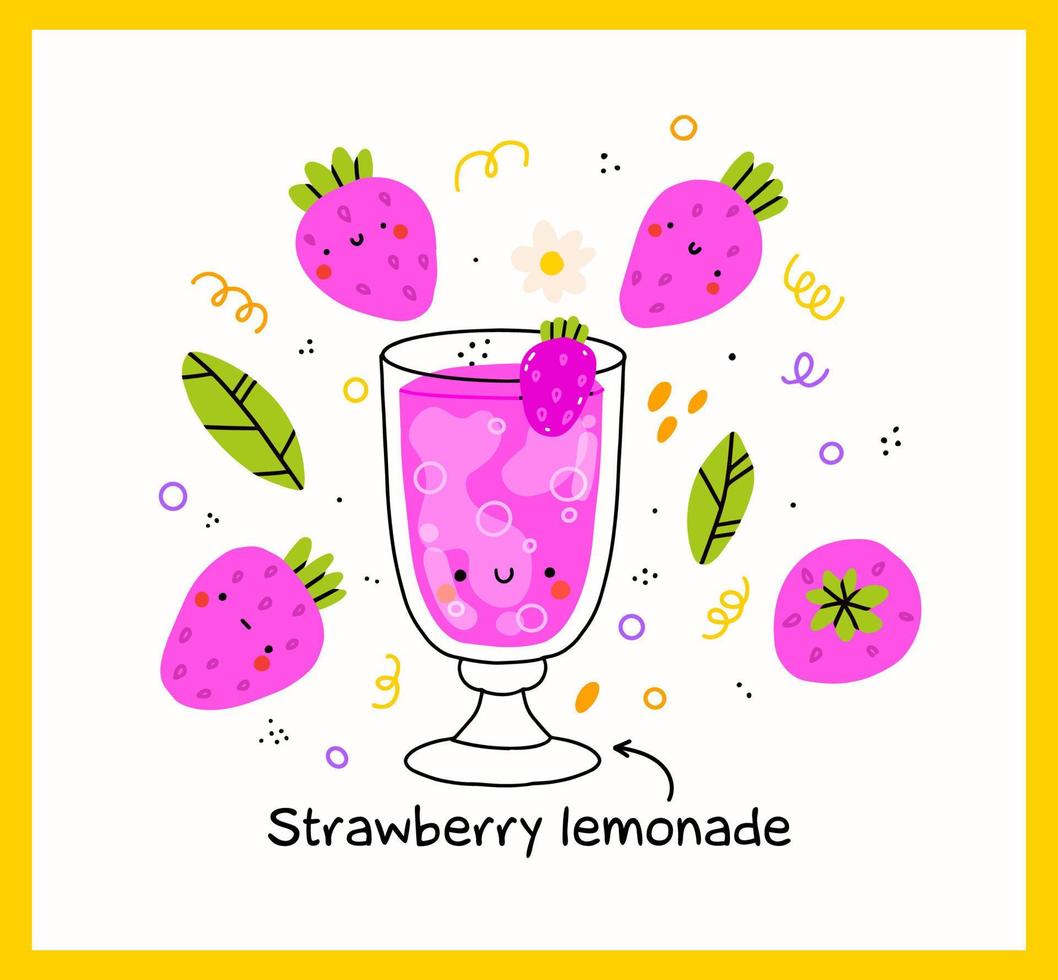 Cute strawberry bootle and glass. Isolated. Vector cartoon character hand drawn style illustration. Kawaii smiling lemonade.Hand drawn cute vector for web,design,print