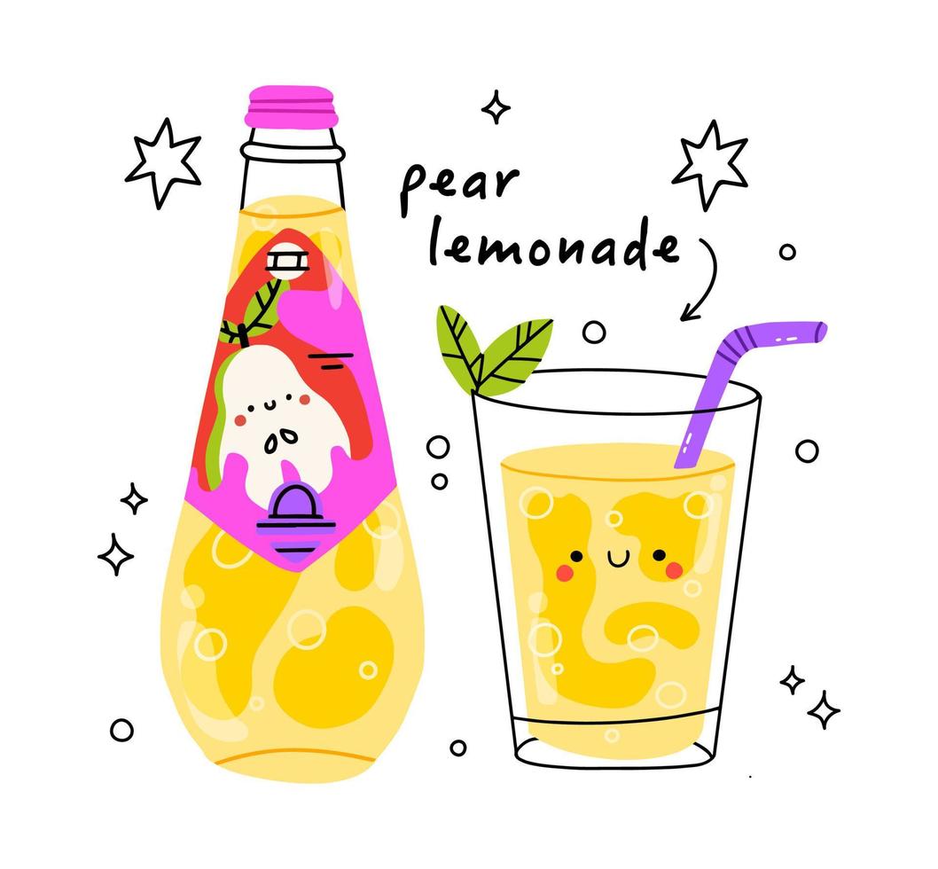 Cute pear bootle and glass. Isolated. Vector cartoon character hand drawn style illustration. Kawaii smiling lemonade.Hand drawn cute vector for web,design,print