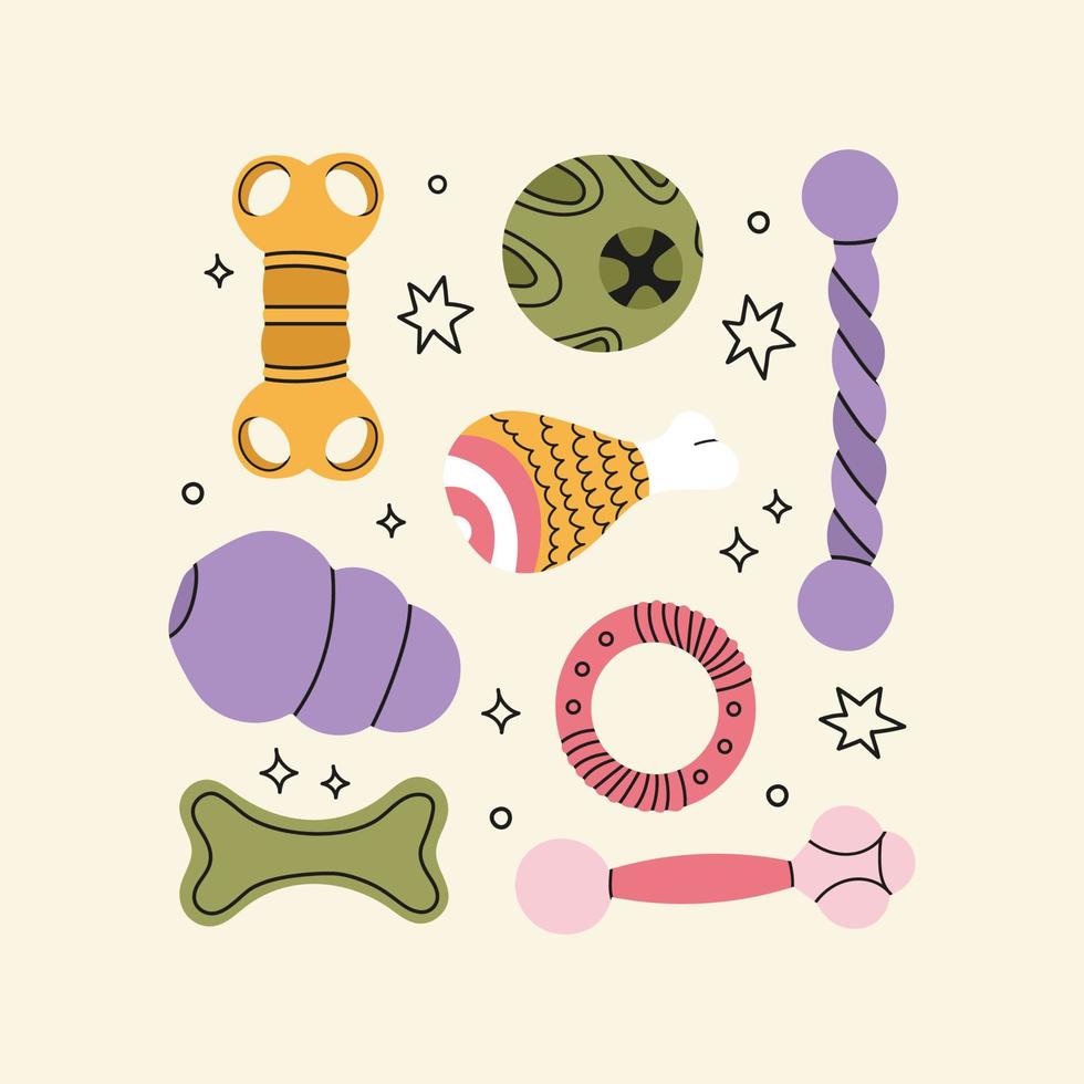 Various bright toys for dogs and cats. The concept of a pet shop. Hand-drawn colorful elements isolated.A piece of twisted rope, bones, ball and training projectile. vector