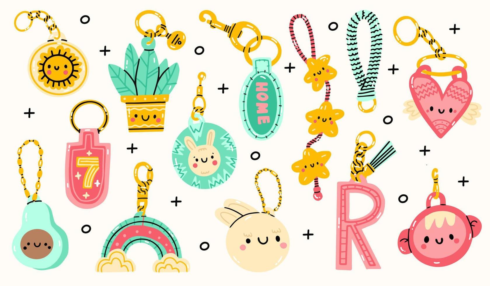 Set of various different Keychains. Keyholders and keyrings collection. Modern keys with pendants. Hand drawn Kawaii Vector illustration. Home rental, property, real estate concept.