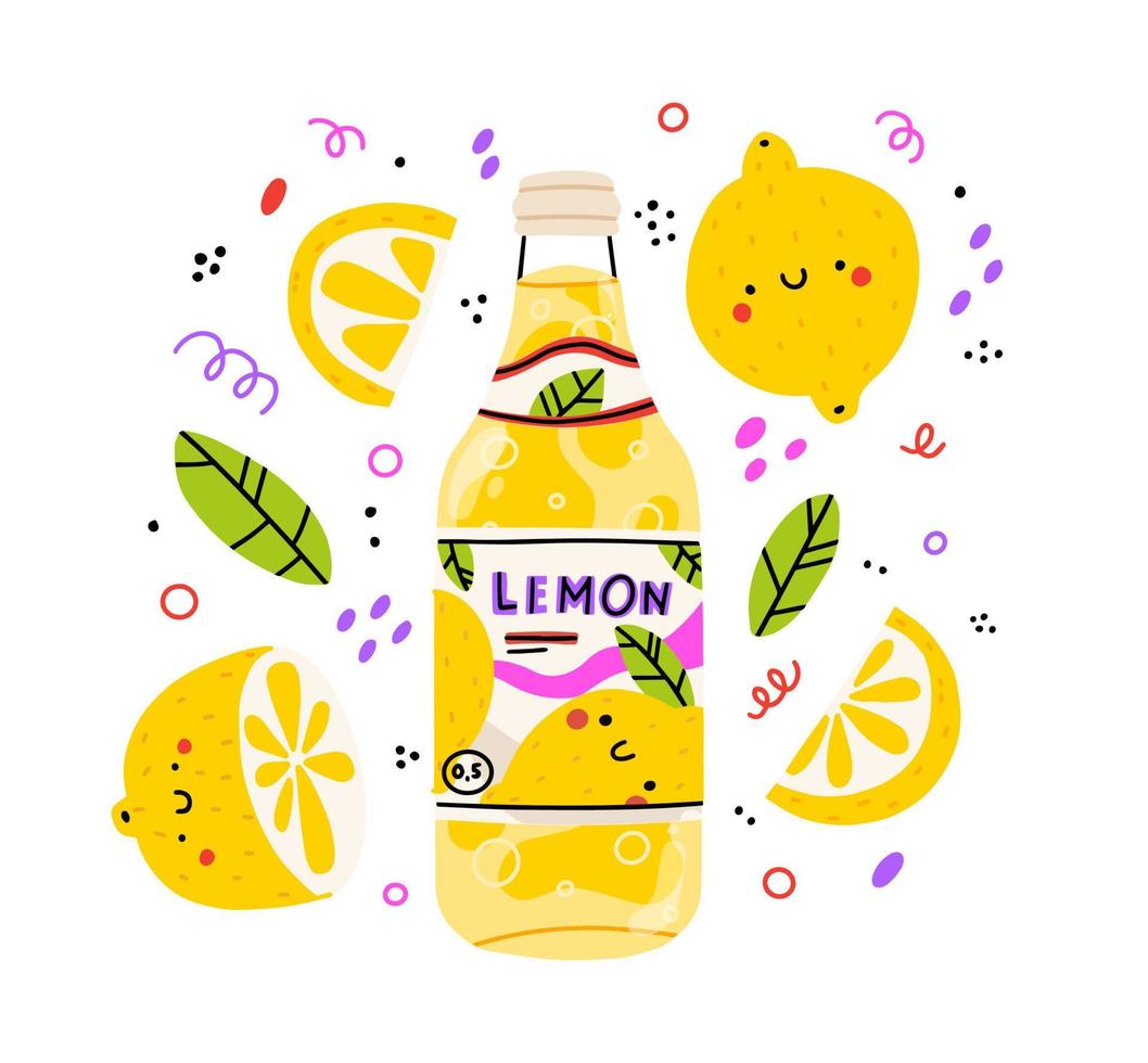 Cute lemonade glass and bottle with lemonade. Isolated. Vector cartoon character hand drawn style illustration. Kawaii smiling lemonade.Hand drawn cute vector for web,design,print, isolated on white.