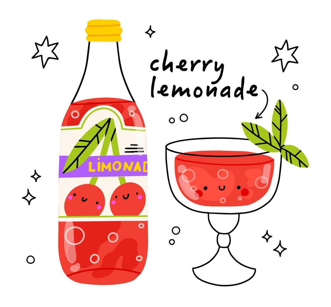 Cute cherry bootle and glass. Isolated. Vector cartoon character hand drawn style illustration. Kawaii smiling lemonade.Hand drawn cute vector for web,design,print