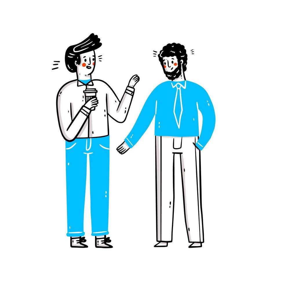 Conversion illustration. A male office workers office workers are drinking coffee and talking during a break. Small talk in coffee shop. Coffee time with friend at office. vector