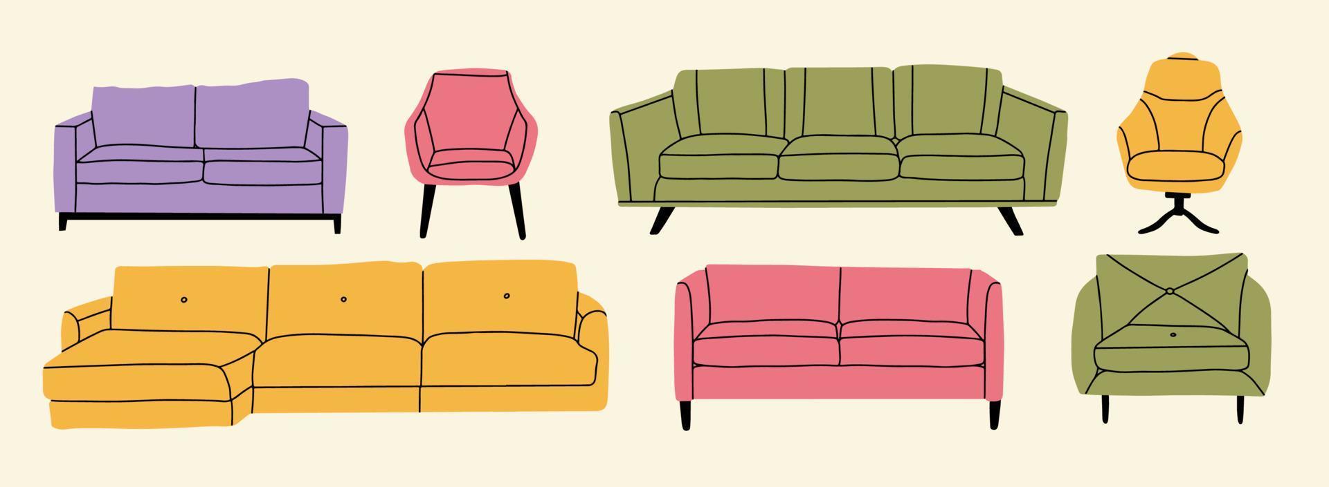 Set of trendy sofas, armchairs, with cushions in retro mid-century style. Modern soft furniture collection. Colored flat vector illustration isolated on white background. Room decoration, interior.