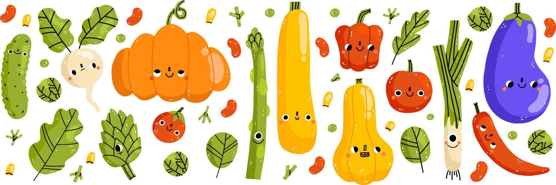 Cute vegetable characters with funny kawaii faces. Happy smiling healthy food set. Fun pumpkin, pepper, radish, potato. Kids flat graphic vector illustration isolated on white background