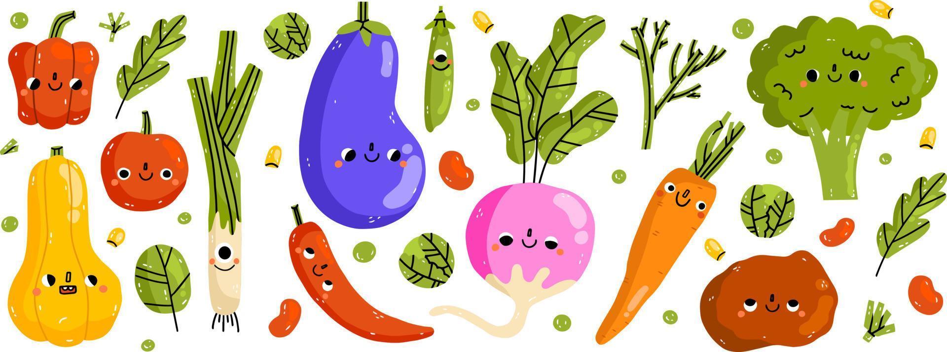 Cute vegetable characters with funny kawaii faces. Happy smiling ...