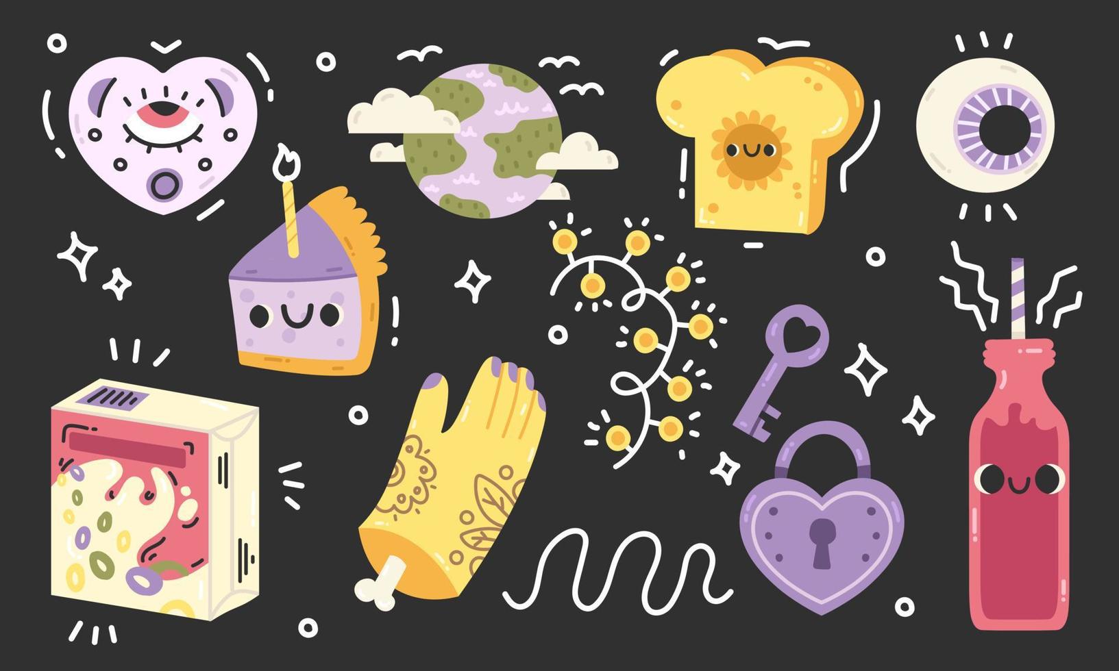 Hand drawn Hand drawn bright kawaii characters. Big Set of Different colored Vector illustartions. Cute a piece of cake, a planet, an eye, flakes, a key with a lock, lanterns. Cartoon style. Wallpaper
