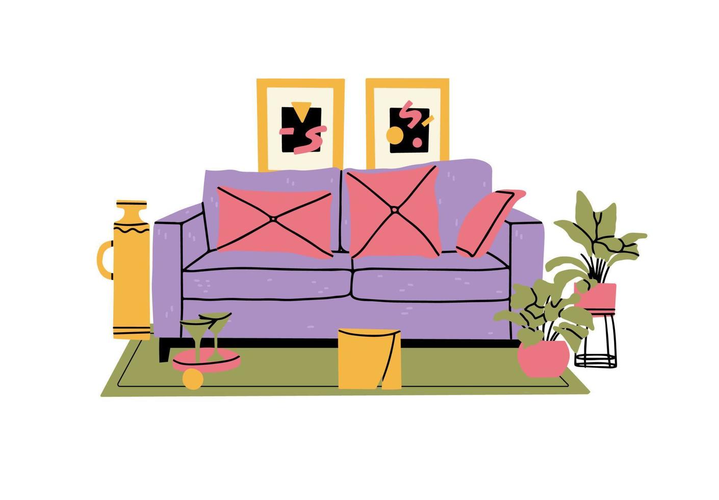 Living room interior with sofa, plants and home decorations. Comfy and cozy lounge furnished in trendy Scandinavian style. Colored flat vector illustration isolated on white background