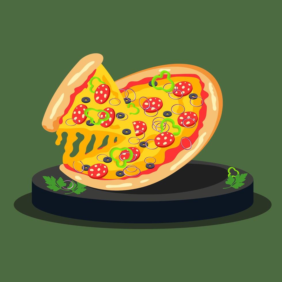 hot tasty pizza with salami and vegetables vector