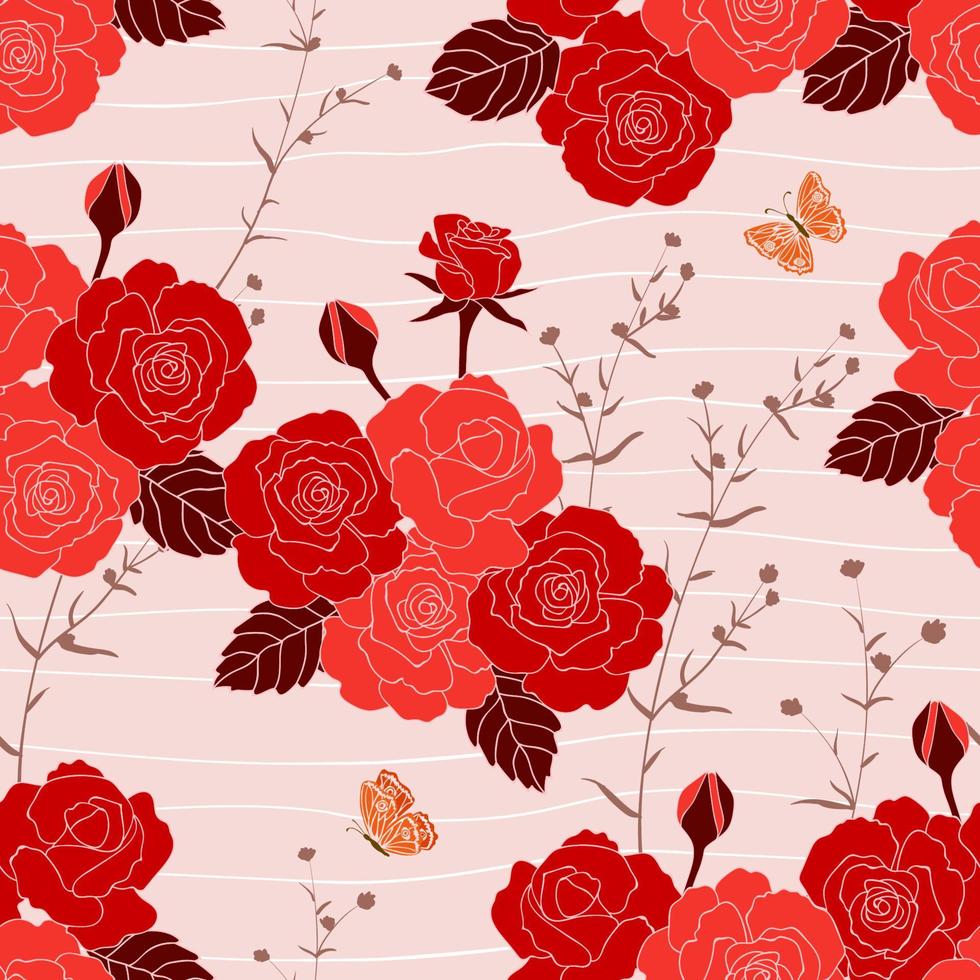 Blooming rose garden seamless pattern on red tone,design for fashion,fabric,textile,print or wallpaper vector