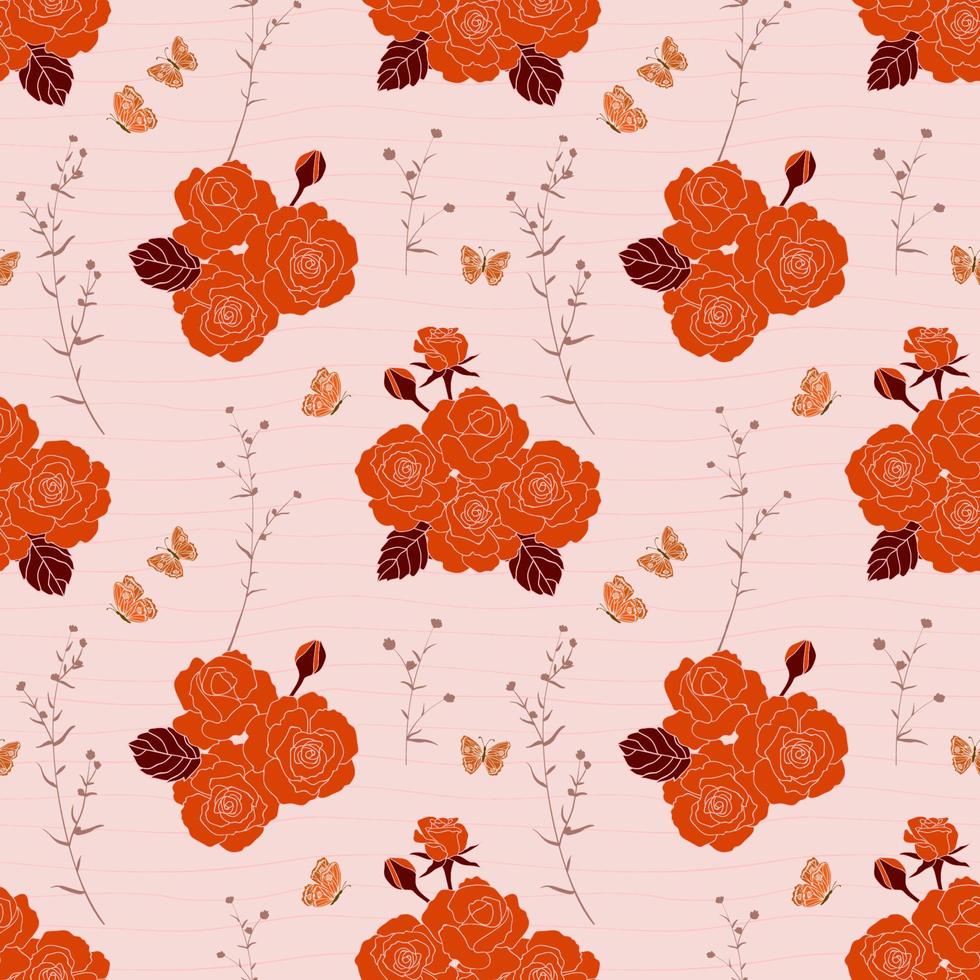 Blooming orange rose garden seamless pattern on pastel pink background vector