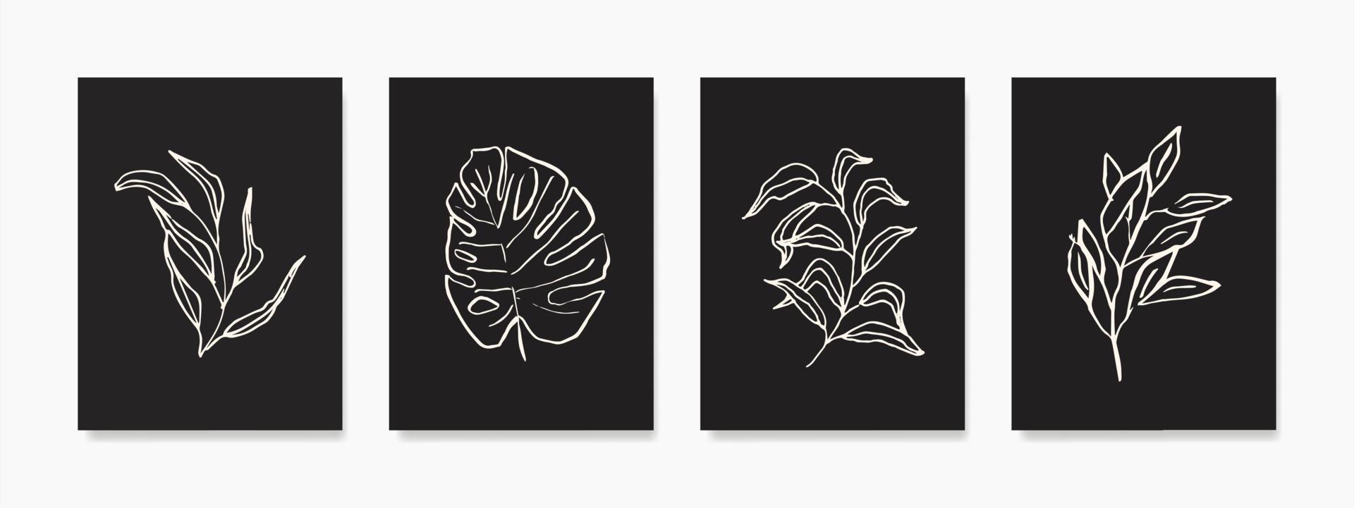 This collection of botanical wall art features sketched foliage in beige, drawn in a line art style against a dark background. Art design for prints, covers, and that need a natural room looks. vector