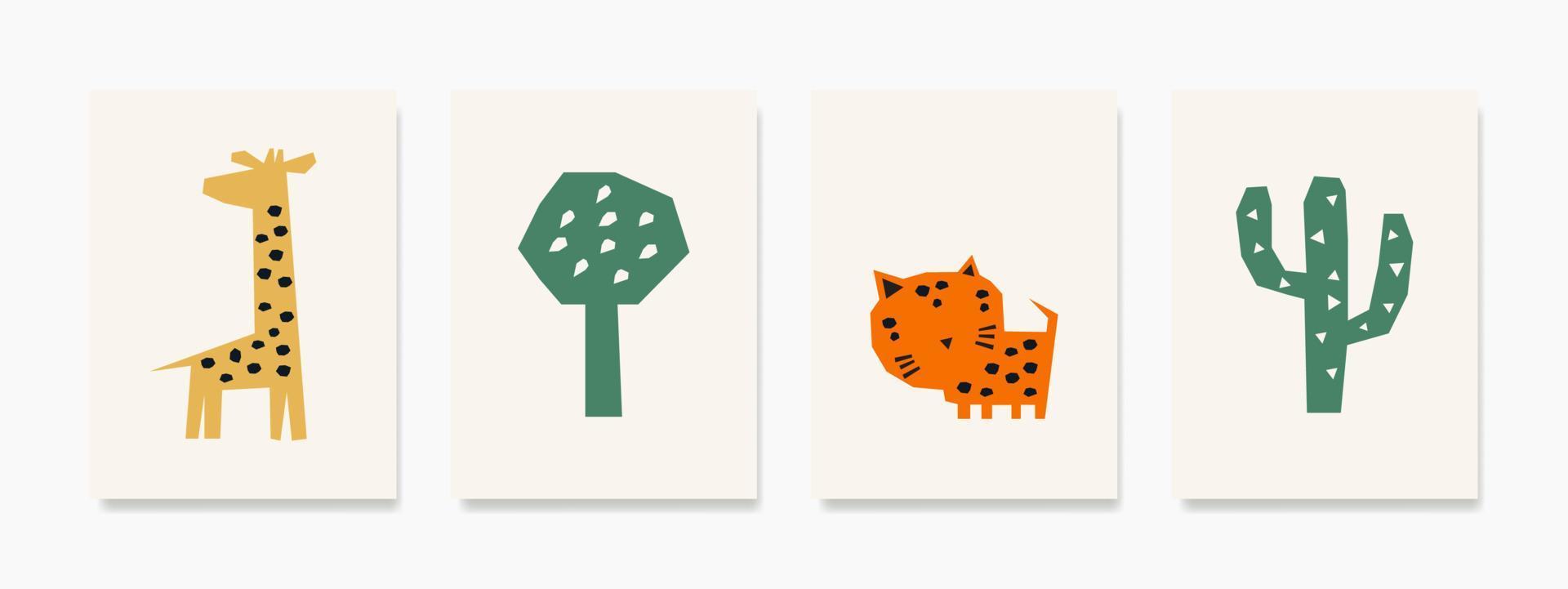 Animal-themed wall art, featuring charming creatures such as giraffes and cheetahs. This set of cute cards, posters, and greeting cards featuring animals is perfect for decorating kids rooms vector