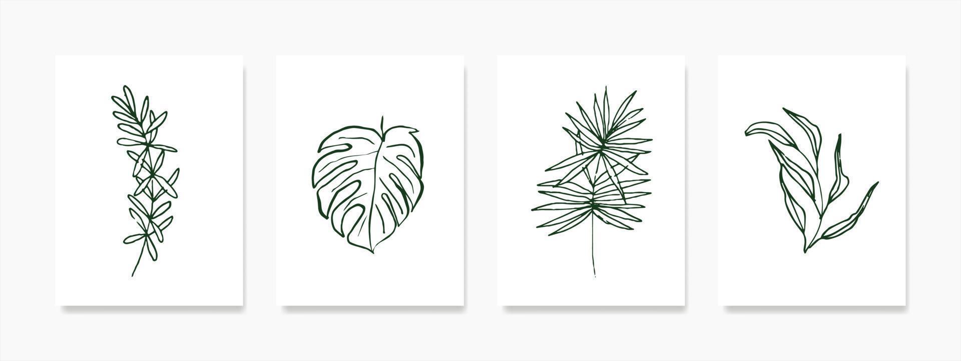 Set botanical wall art with green sketched foliage in line art drawing on a white background. The abstract plant art design is perfect for prints, covers, and wallpapers vector