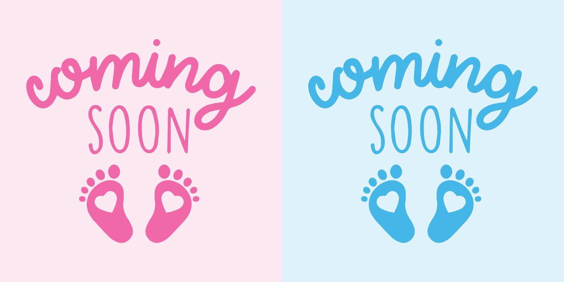 bebé viniendo pronto vector texto. rosado y azul vector ilustración con bebé huella.