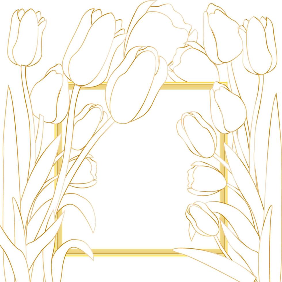 Background of golden tulips with golden frame. Photo frame. Decorative frame. Tulips. vector