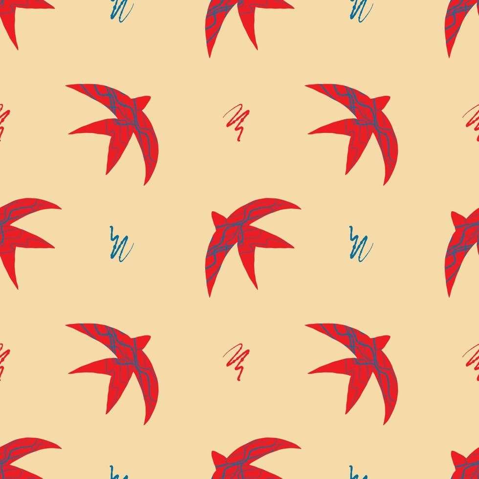 Vector pattern with abstract red swallows in the matisse style on a blue background. Bright colors, surrealism, birds and decorative elements.