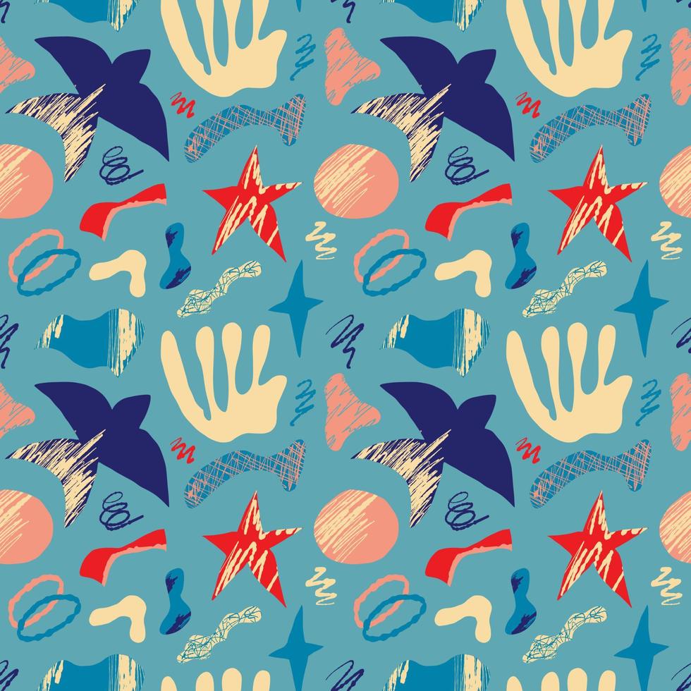 Vector pattern with abstract bright elements, stars and birds in the matisse style on a blue background. Abstract geometric patterns for fabrics, clothing design.