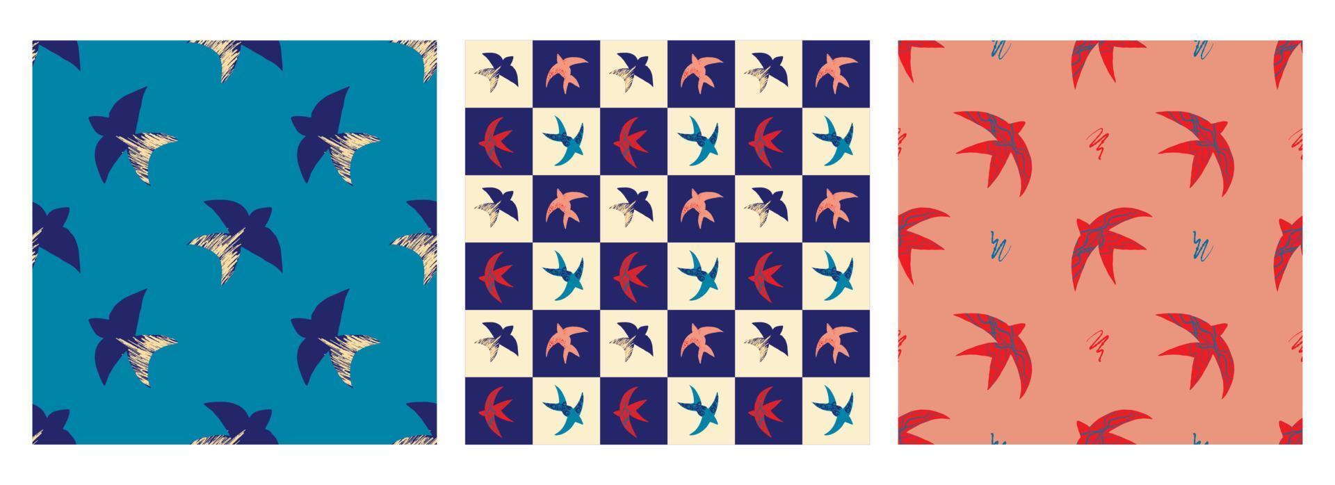 A set of vector patterns with abstract bright elements, stars and birds in the Matisse style on a beige background. Abstract geometric patterns for fabrics, fashion design.