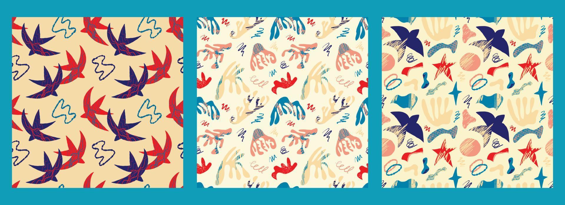 A set of vector patterns with abstract bright elements, stars and birds in the Matisse style on a beige background. Abstract geometric patterns for fabrics, fashion design.