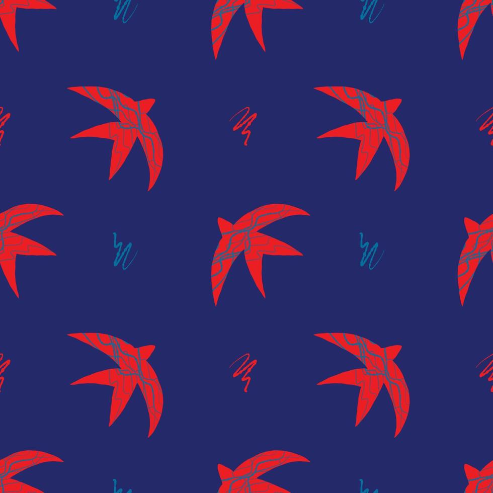 Vector pattern with abstract red swallows in the matisse style on a blue background. Bright colors, surrealism, birds and decorative elements.