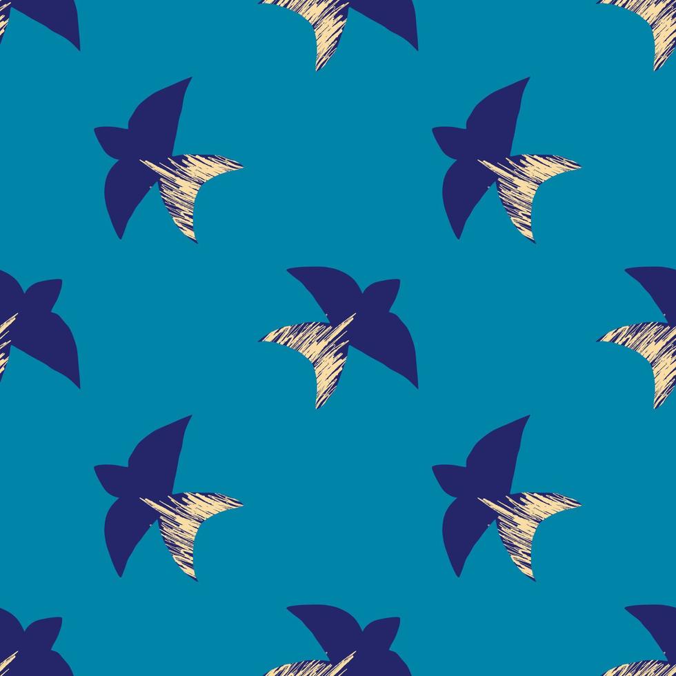 Vector pattern with abstract blue swallows in the matisse style on a blue background. Bright colors, surrealism, birds and decorative elements.