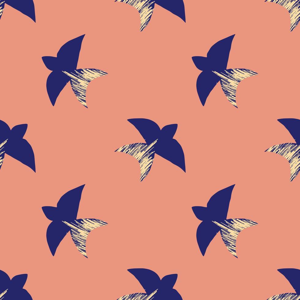 Vector pattern with abstract blue swallows in the matisse style on a pink background. Bright colors, surrealism, birds and decorative elements.