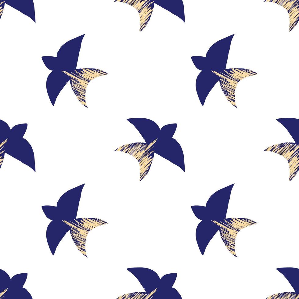 Vector pattern with abstract blue swallows in the matisse style on a white background. Bright colors, surrealism, birds and decorative elements.