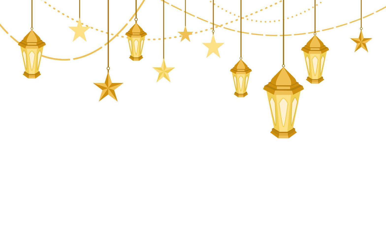 Hanging Golden Lantern and Star for Islamic Decoration Isolated on White Background. Luxury Ramadan and Eid Element Decoration vector