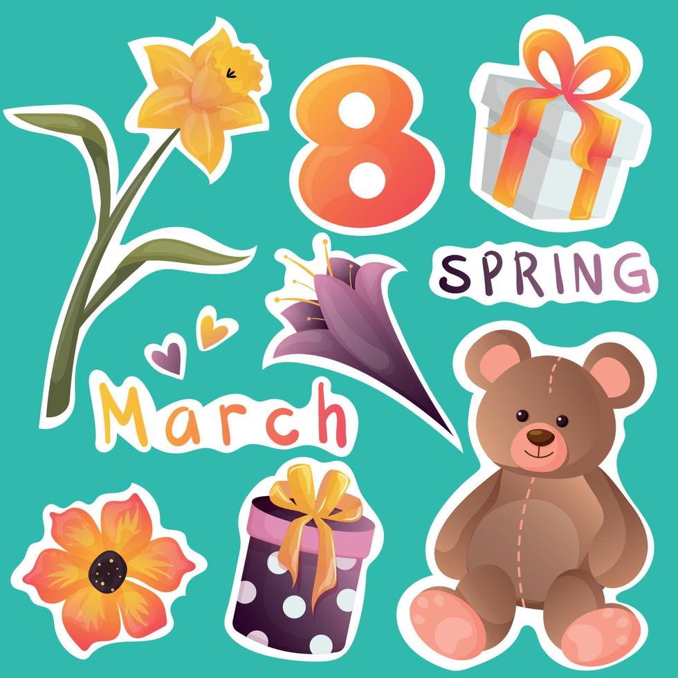 Sticker pack for March 8 with narcissus, teddy bear, number eight, gift boxes, flowers, hearts and inscriptions. Bright colored isolated stickers for world women's day. Lettering spring and march 8 vector
