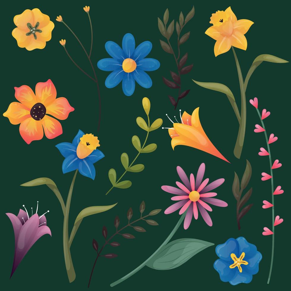 conjunto de salvaje flores y diferente hojas. amarillo y azul narciso, pensamientos, lirios, campanillas, naranja amapolas, azul y rosado manzanilla vistoso primavera flores para tarjeta postal con verde hojas vector