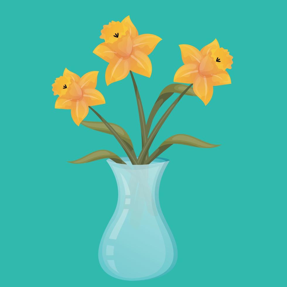 Yellow daffodils in a vase on a turquoise background. Cute spring flowers. Simple postcard with yellow daffodils. Greeting card for March 8 and Mother's day vector