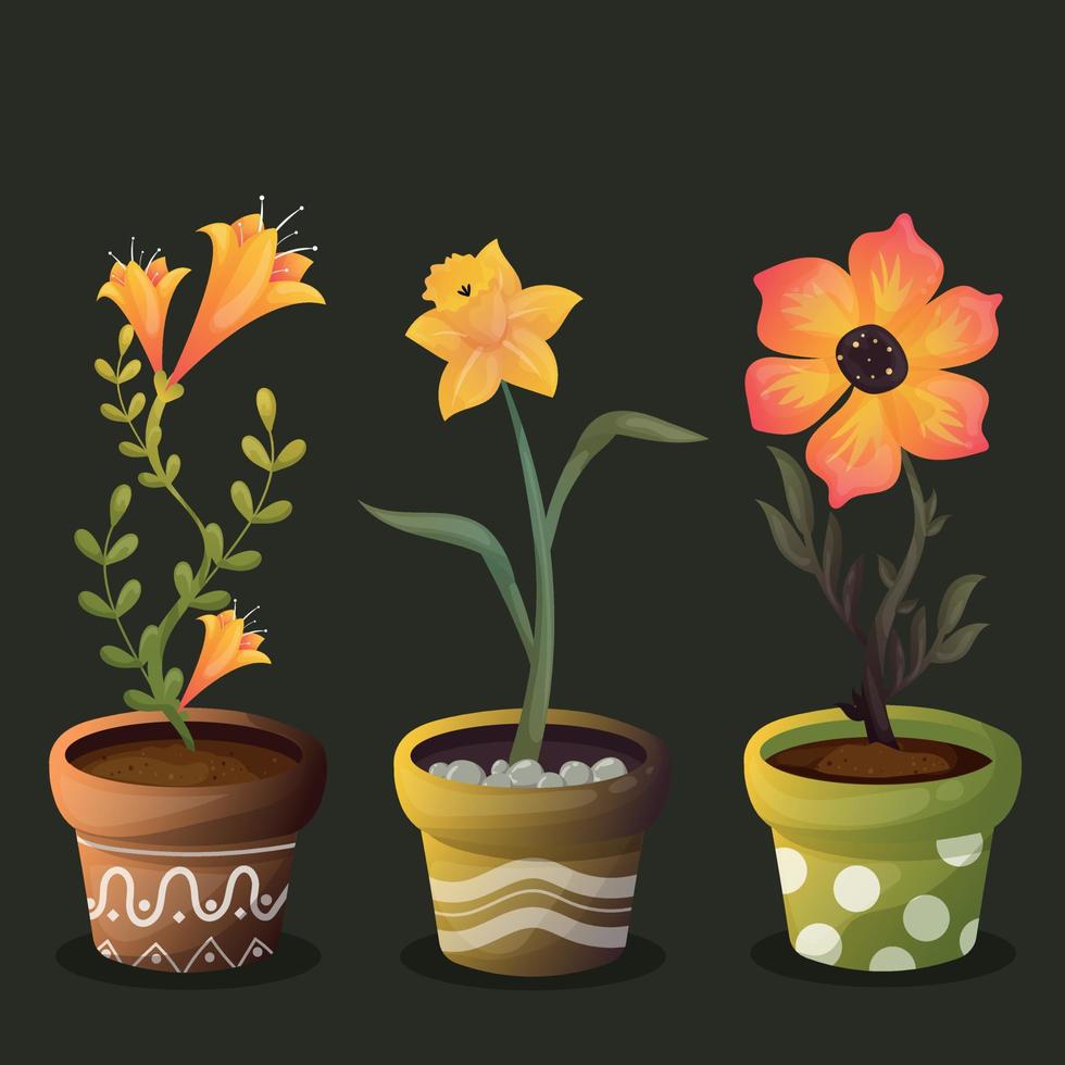 Three flowers in pots. Yellow daffodil, orange poppy and yellow lily in a pot. Cute simple card with spring flowers. Plant pots and soil. Cartoon postcard for girls, women, mothers, grandmothers vector