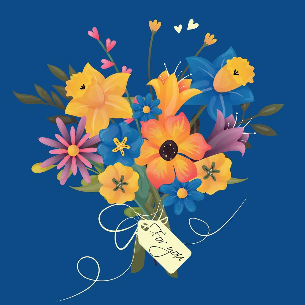 Bouquet of spring wildflowers with a ribbon and a note. Spring bright flowers for postcard. Yellow and blue daffodil, pansies, lilies, bluebells, orange poppies, blue and pink chamomiles. For you vector