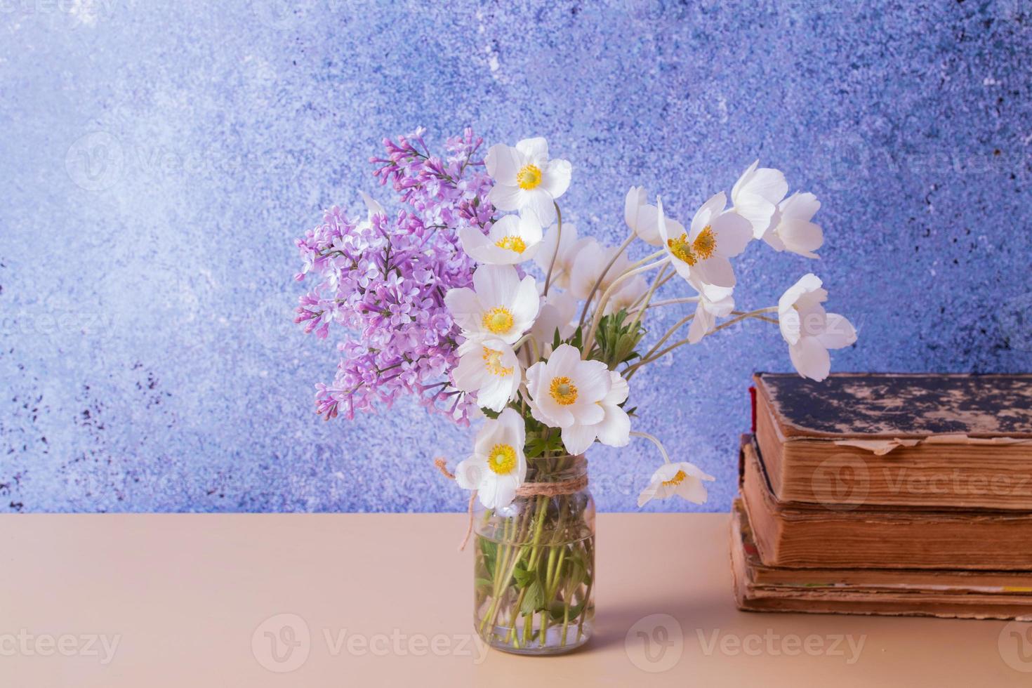 Lilac and anemones flower bouquet greetings with spring, for Mother's Day or March 8 photo
