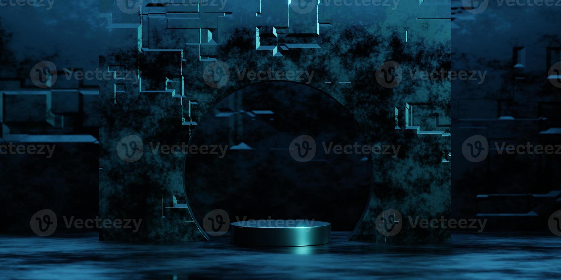 3d rendering empty metal podium with blue neon light for product display. Sci fi scene photo