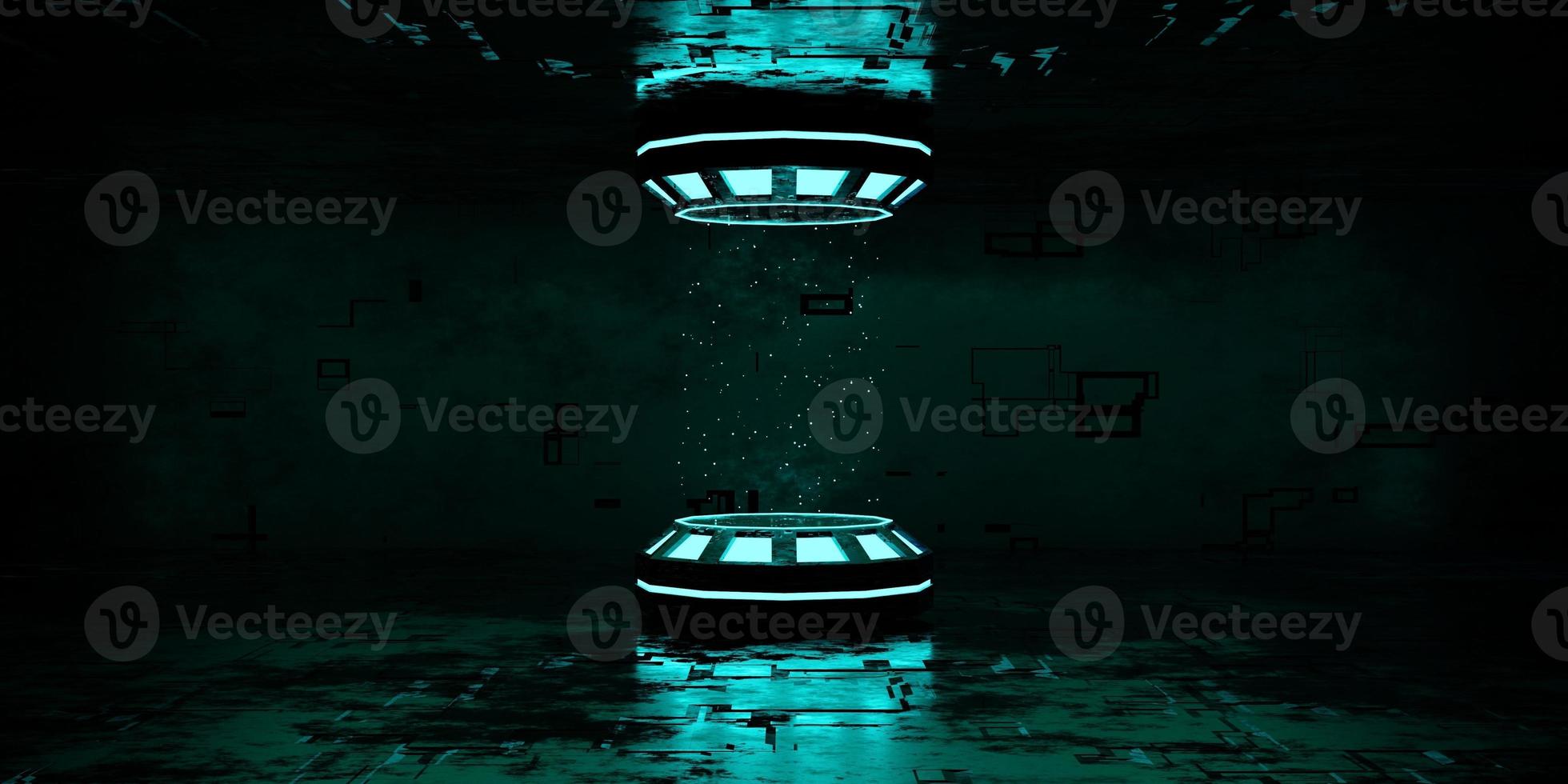 3D rendering futuristic blue neon on dark background. podium in empty room for hitech presentation. abstract background, technology graphic. photo